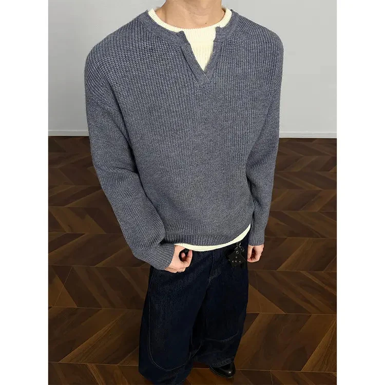 美式休闲毛衣男假两潮流针织衫落肩男士新款休闲装男士外套秋冬款