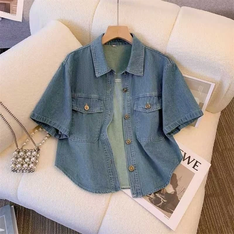 小个子复古港风短袖牛仔衬衫外套女夏季2025新款短款上衣