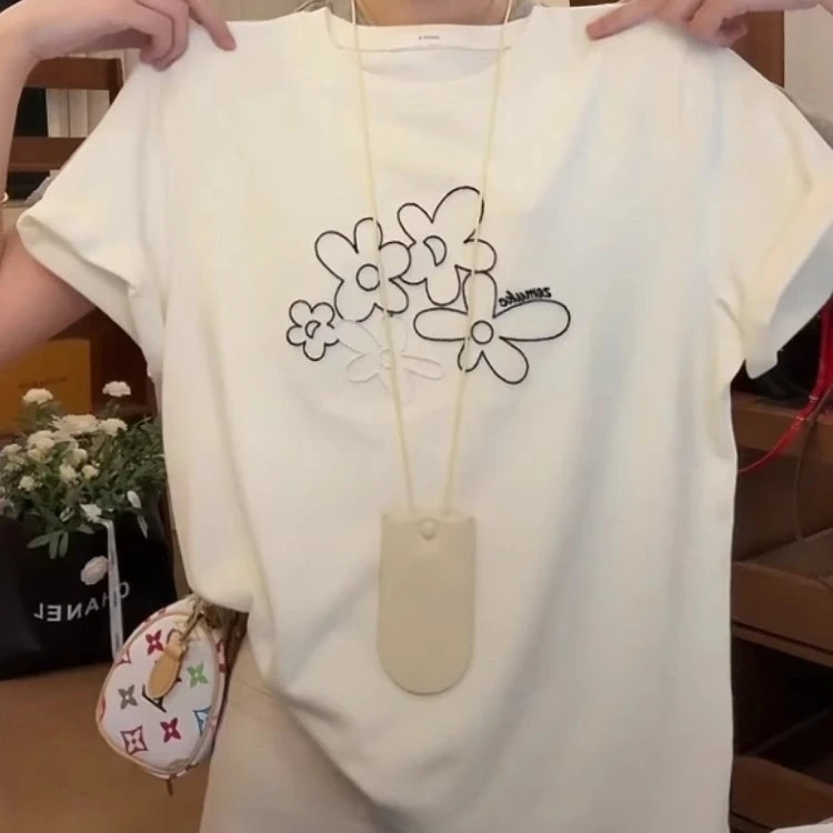 韩系高级感花朵印花短袖T恤女夏季2025新款爆款白色圆领纯棉上衣