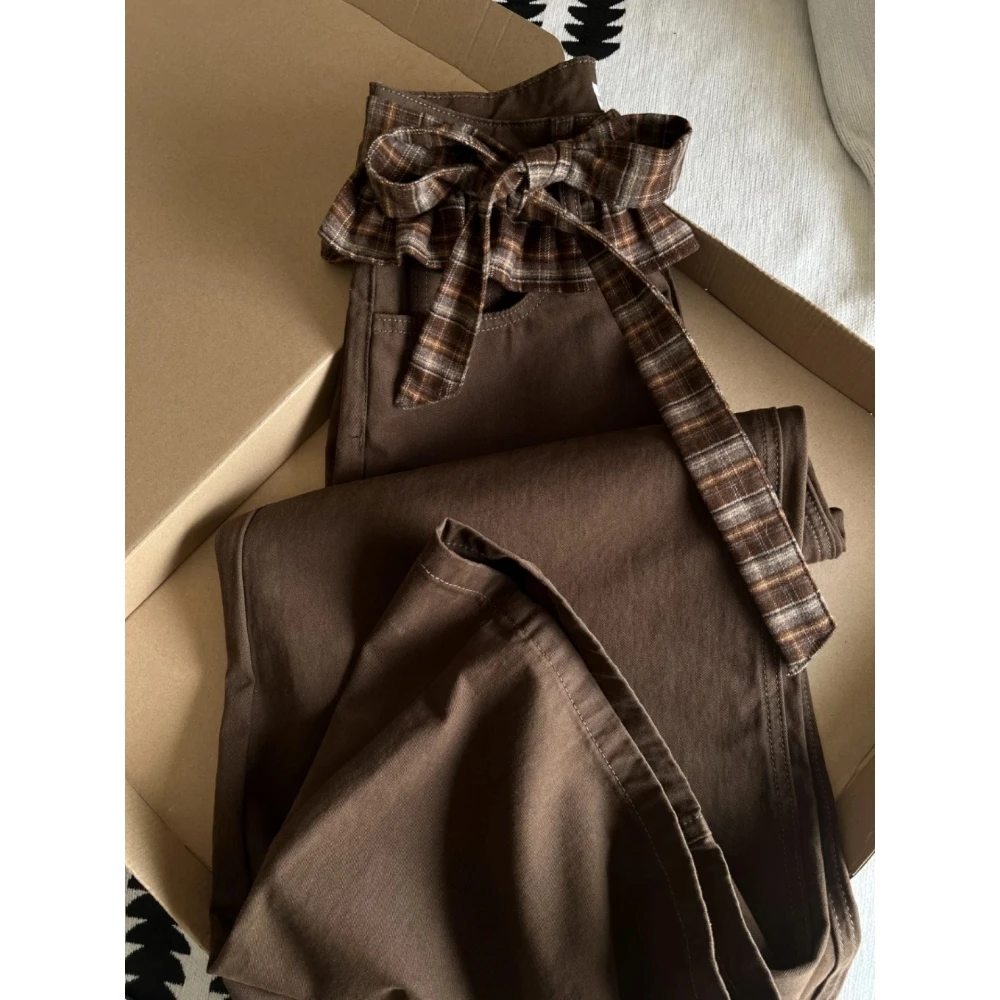 美式咖色芭蕾风格子花边直筒休闲裤女春季宽松休闲高级感阔腿裤子