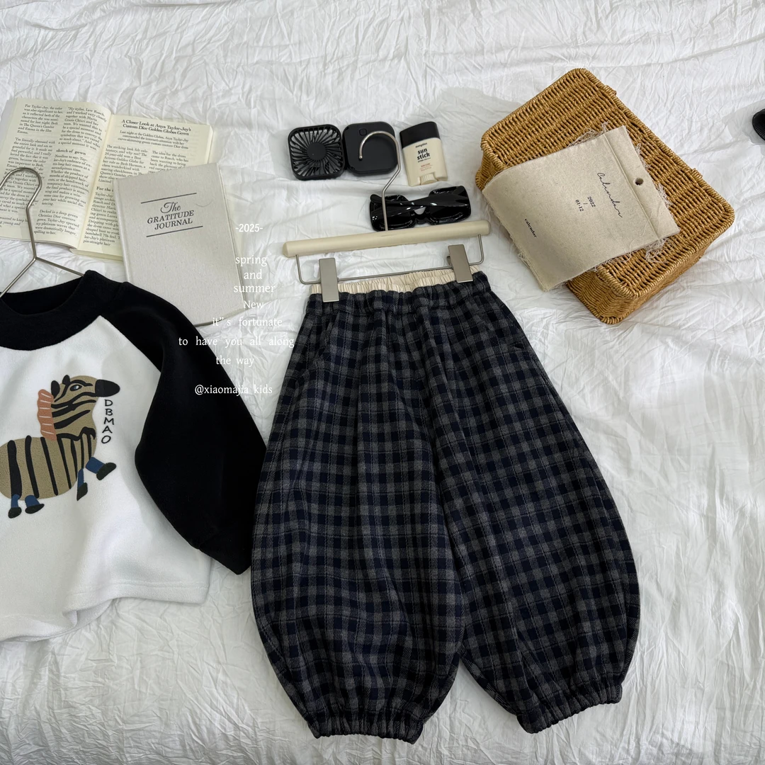 00小马家2025冬款儿童加绒一体绒格子裤D-7153韩版宽松男女童裤子
