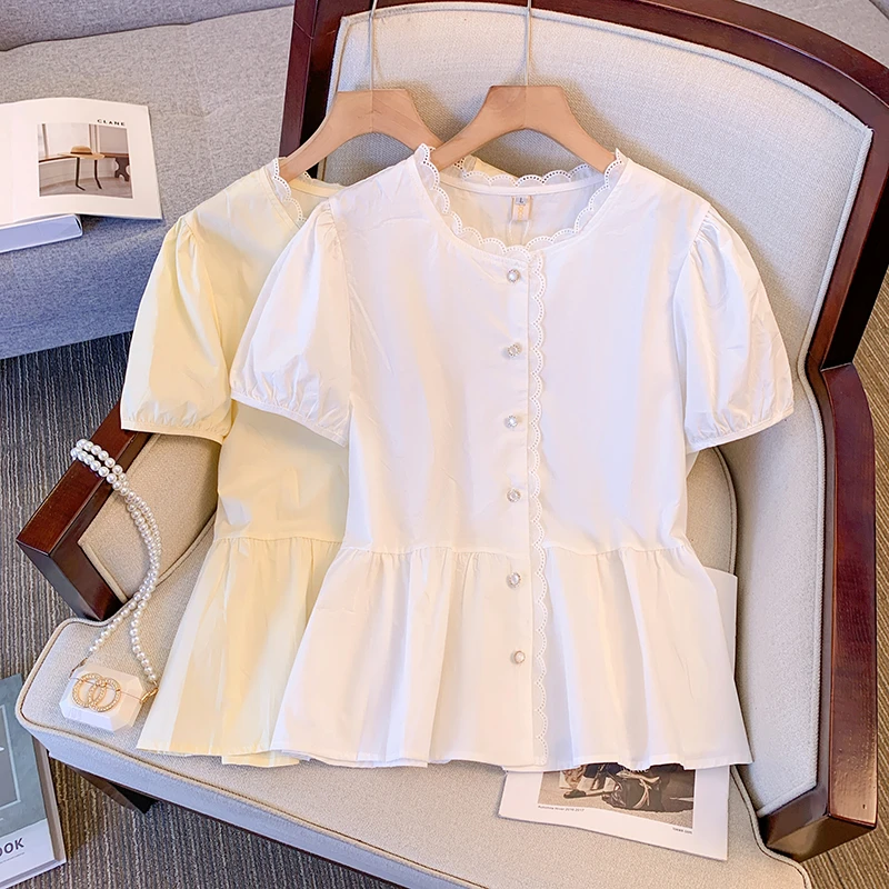 4025大码女装胖妹妹减龄钩花边娃娃衫女韩版新款甜美短袖衬衫2102