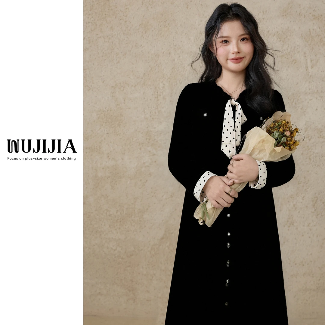 【五季家大码】Mu黑色小香风丝绒假两件高腰显瘦小黑裙WP10430