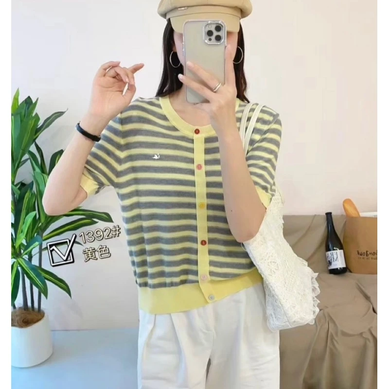品质/莱赛尔天丝/超细冰感/条纹假开衫短袖A263黄