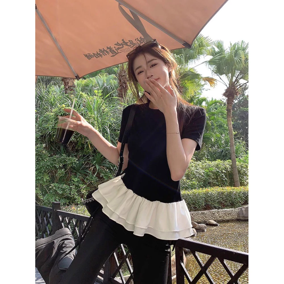 法式荷叶摆拼接短袖t恤女设计感小众2025夏季新款修身甜辣妹上衣