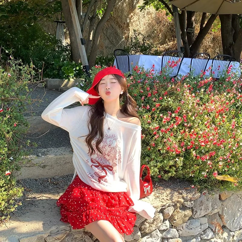 长袖防晒罩衫女夏季薄款小外搭设计感印花T恤斜肩露半边肩上衣