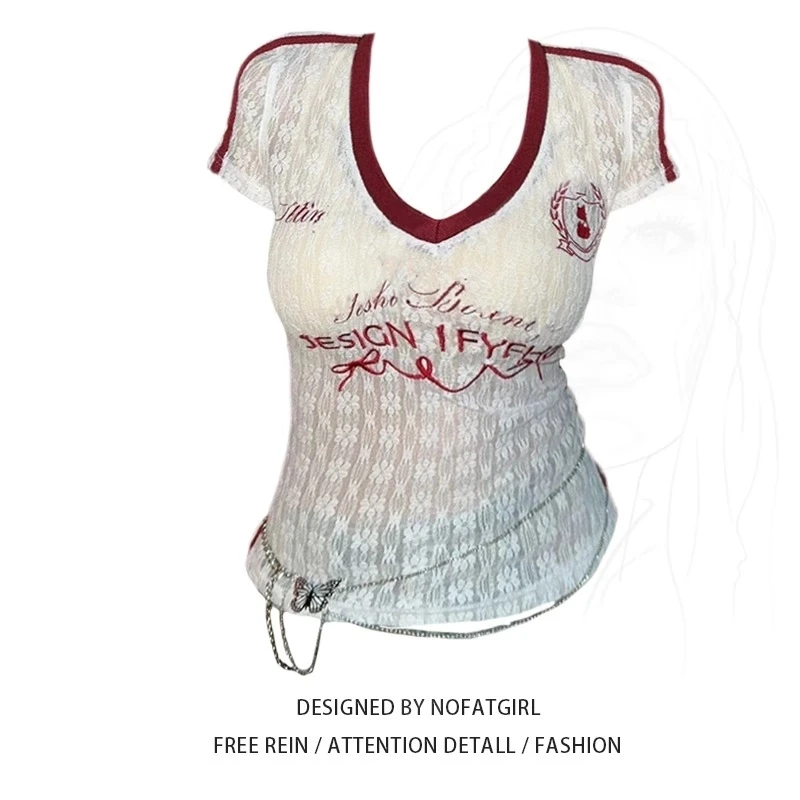 美式甜辣风正肩撞色V领短袖T恤女夏季蕾丝拼接修身显瘦短款上衣潮