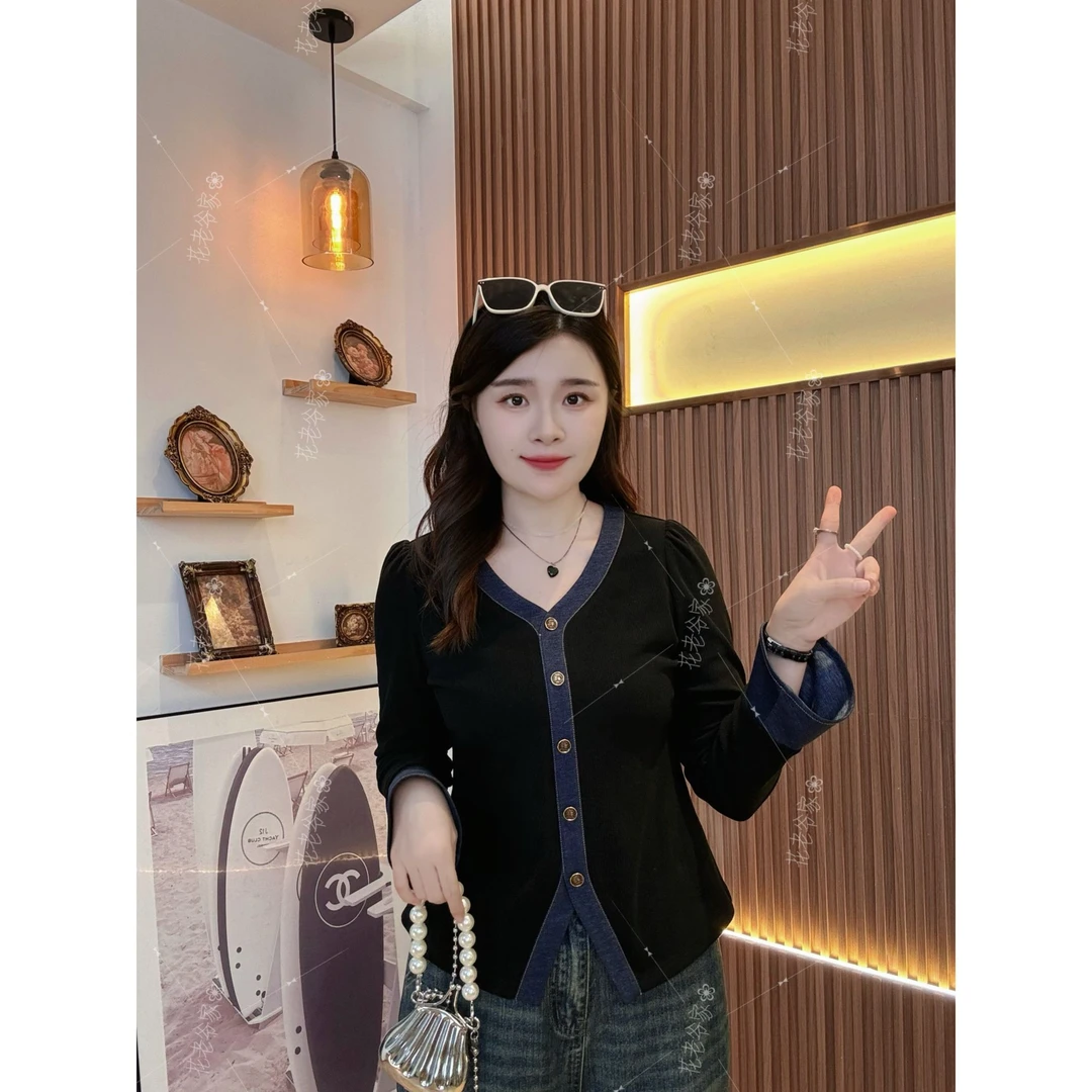 【仅上衣】花老爷微胖大码女装拼接牛仔边收腰T恤HLY3675