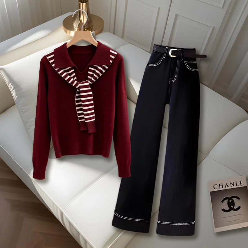 2025新款一整套穿搭秋季爆款千金慵懒感宽松针织衫高腰直筒裤套装