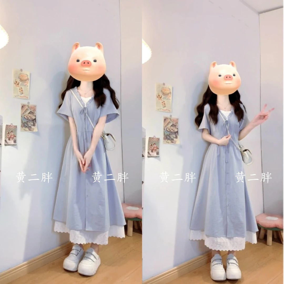 海盐奶盖夏季2025新款假两件蓝色连衣裙木耳边设计感拼接长裙子