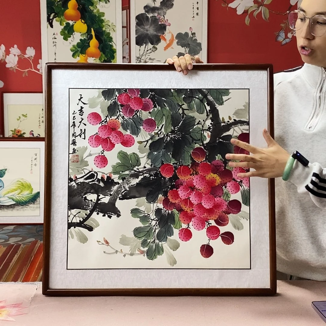 国画手写手绘国画作品带框包邮62✖️62