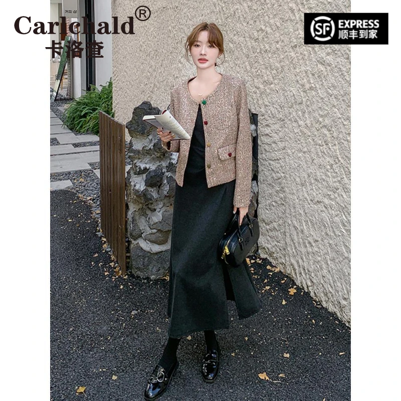 CARLCHALD卡洛查花呢的短外套开衫碎花显瘦小香风上衣秋季