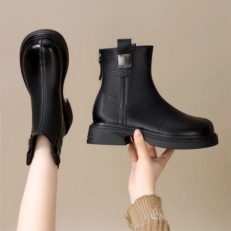 透气春秋冬平跟圆头马丁靴切尔西厚底加绒休闲百搭小短靴女单靴