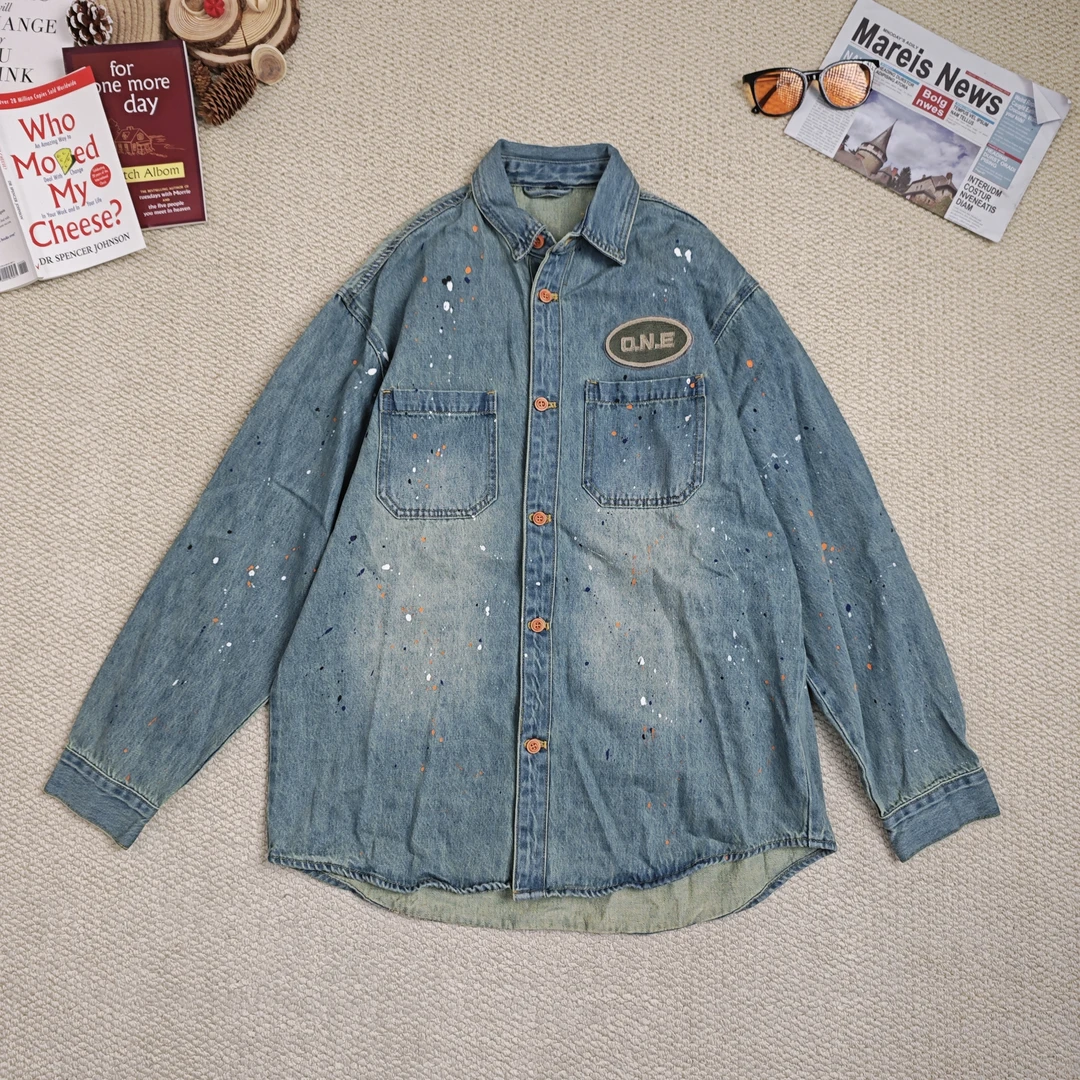 2024年冬季新款潮牌做旧纯色加厚长袖牛仔外套8567