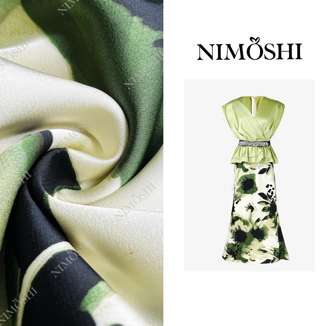 Dan总法式不规则绿色泼墨满钻收腰腰带高奢气质连衣裙Q1979