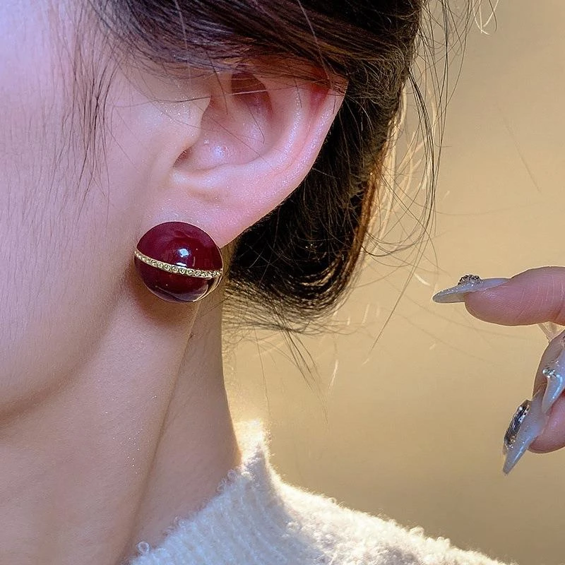 铜合金锆石耳饰 高级感酒红爱心耳环新款爆款耳钉女耳饰轻奢气质