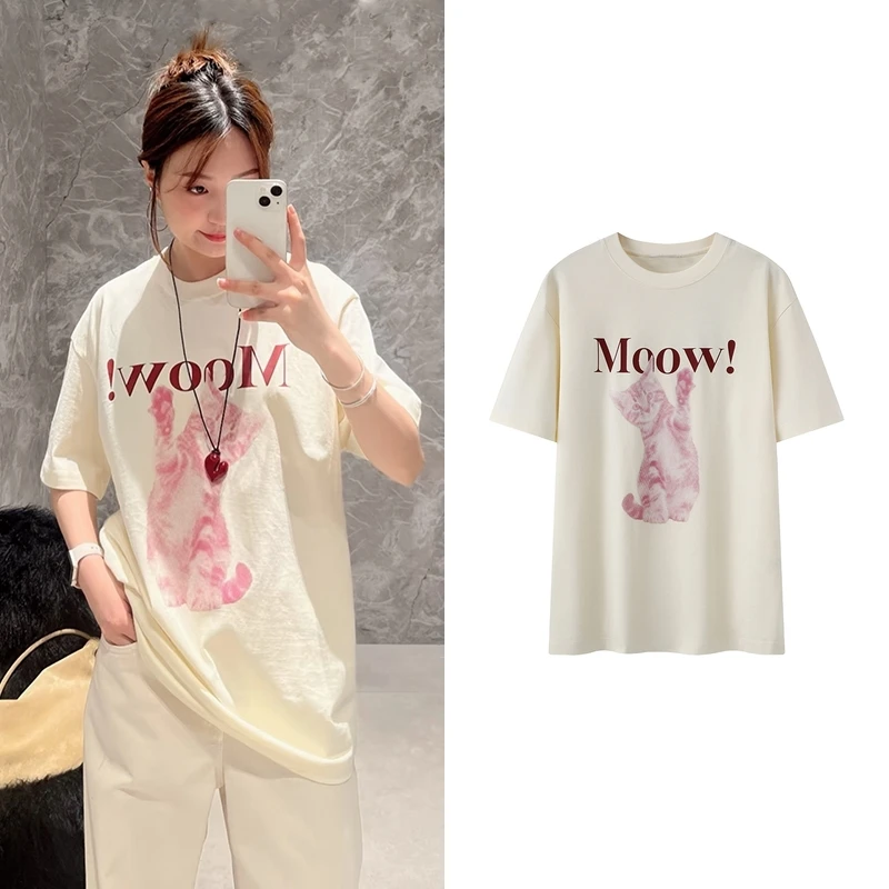 【T恤】2025夏潮流百搭新品猫咪印花圆领宽松短袖上衣K6137