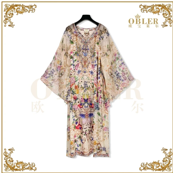 OBLE2025早春新款定位印花绑带钉钻高定女装连衣裙305-24155