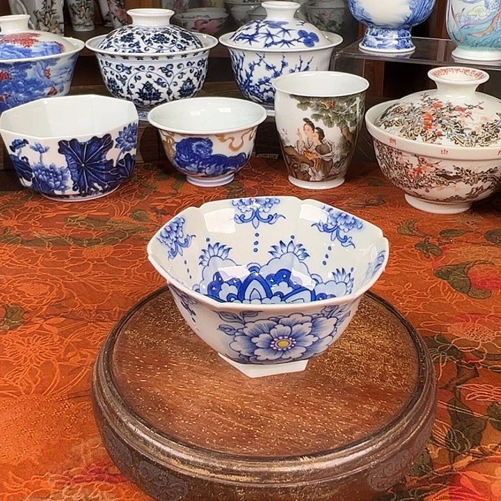 陶杯子青樵轩唐草牡丹六方杯