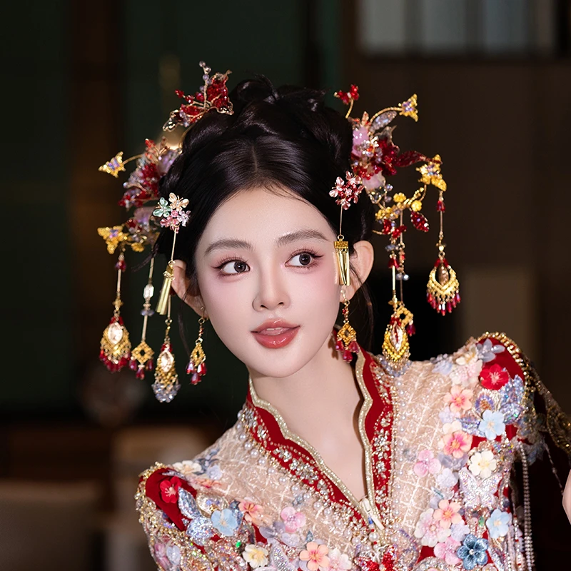 合金婚庆饰品 新娘中式头饰秀禾服龙凤褂红色发簪结婚发饰品D0628