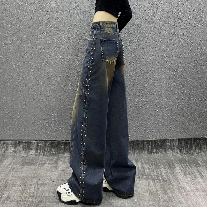帅气侧边钉珠设计做旧休闲牛仔裤女秋新款高腰宽松显瘦百搭阔腿裤
