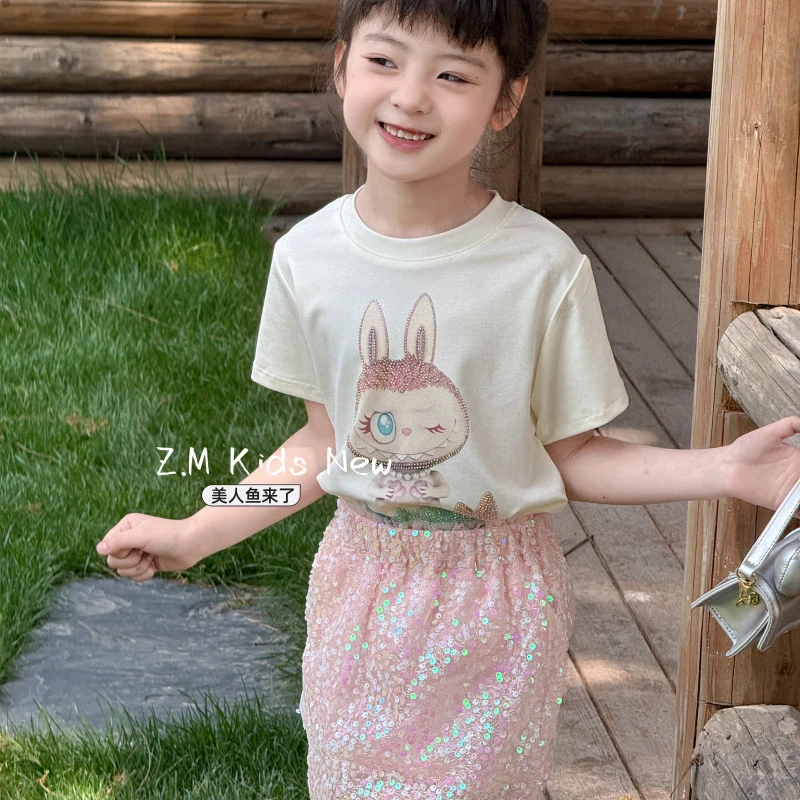 【美人鱼来了】25儿童夏季三件套短袖T恤半裙亮片裙女童套装N-65132