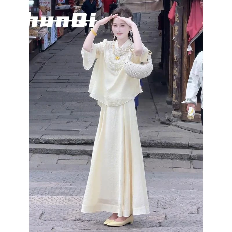 淳启新中式国风禅意女装夏季高级感盘扣衬衫半身裙子时尚两件套装