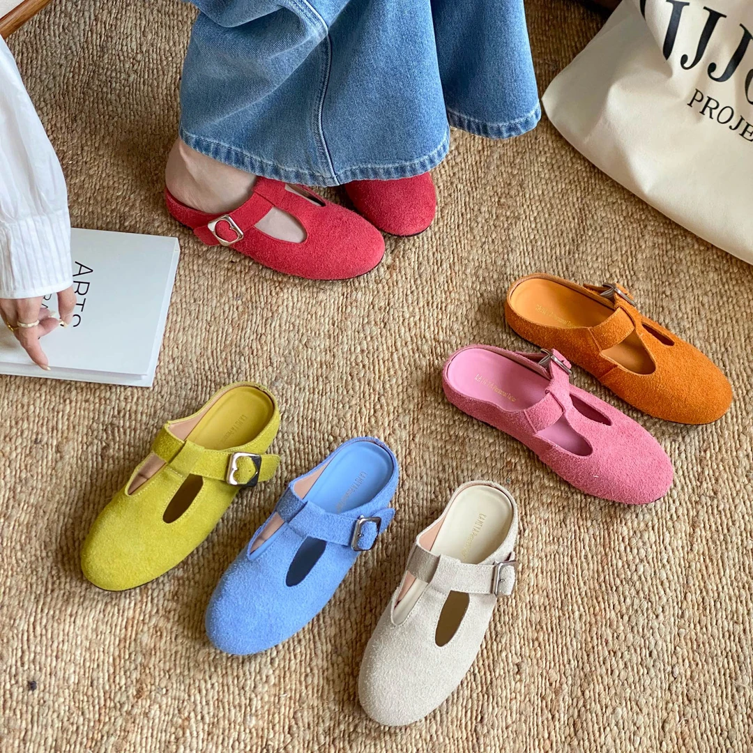 真皮平底包头拖鞋女外穿懒人鞋2025夏新款勃肯鞋一脚蹬半托120-2