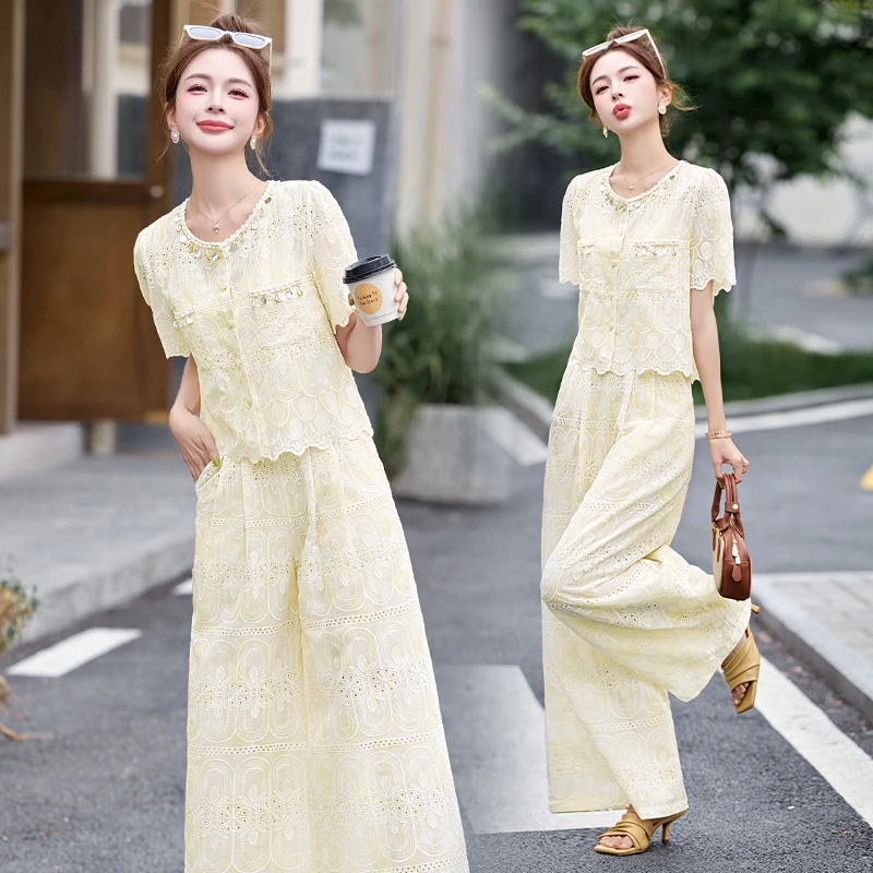 法式蕾丝小香风套装女2025夏季新款千金贵气洋气显瘦阔腿裤两件套