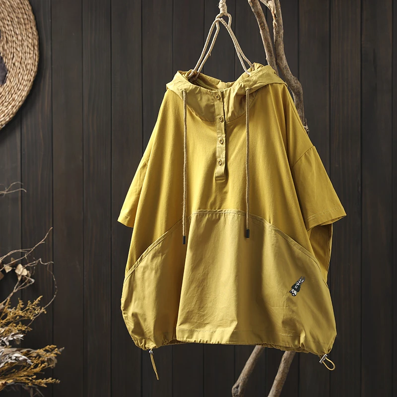 抽绳连帽拼接短袖t恤女宽松大码遮肉夏韩版休闲百搭兔子刺绣卫衣