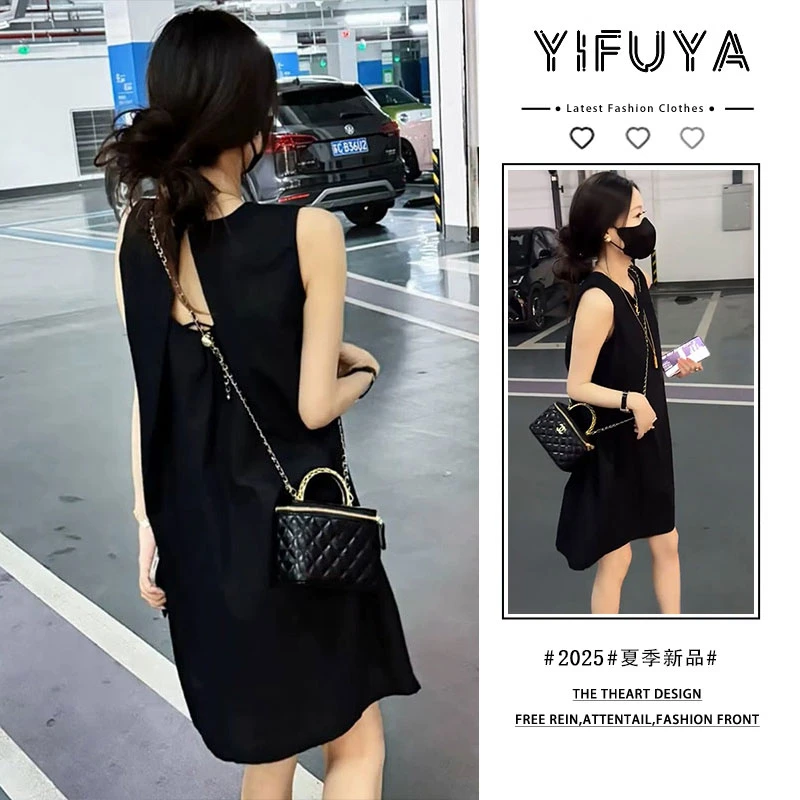 2025夏季新款黑色高级感露背气质无袖A字裙女欧货宽松遮肚连衣裙