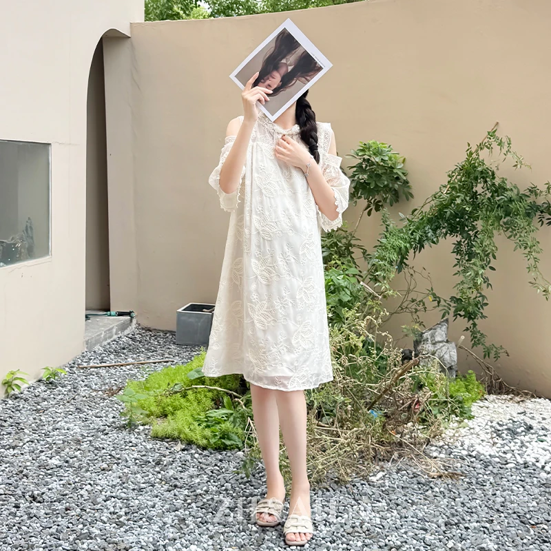 ZH&AH【镜花水月】夏季新款时尚气质百搭孕期国风乔其纱绣花连衣裙