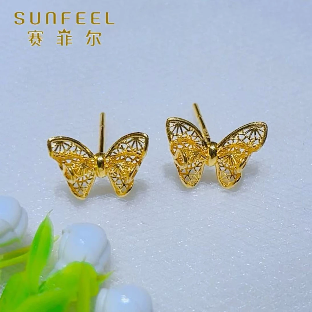 SUNFEEL/赛菲尔黄金足金5G花丝蝴蝶结流苏直针黄金耳饰甜美高级