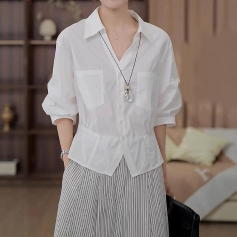 级感白色五分袖雪纺衬衫女夏2025新款大尺码胖MM显瘦收腰别致衬衫