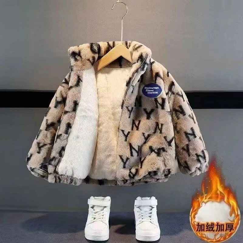 儿童冬装加厚外套2025新款男童洋气加绒加厚女宝宝毛毛棉服上衣潮