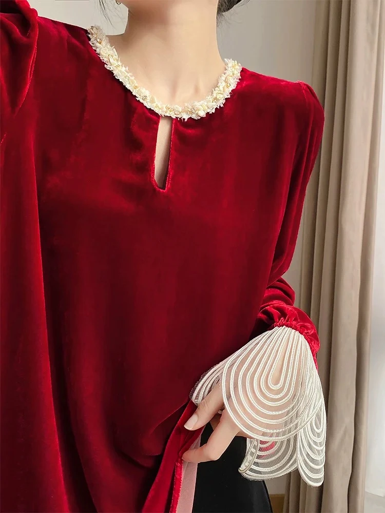 春秋款小香风红色真丝丝绒上衣法式气质长袖衬衫