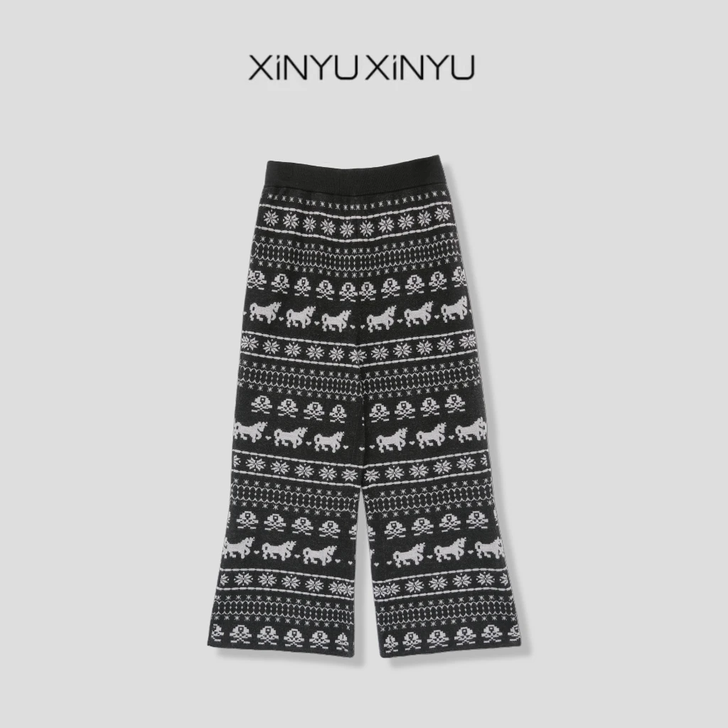 XINYU/芯与『雪国』100扬子纱超细羊毛提花童趣九分羊毛裤 36J134