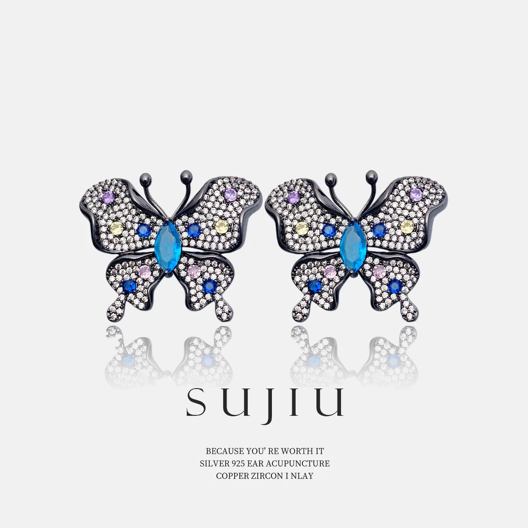 铜合金耳饰 SUJIU 925银针【暗墨彩蝶】彩色气质耳钉耳环耳坠7014
