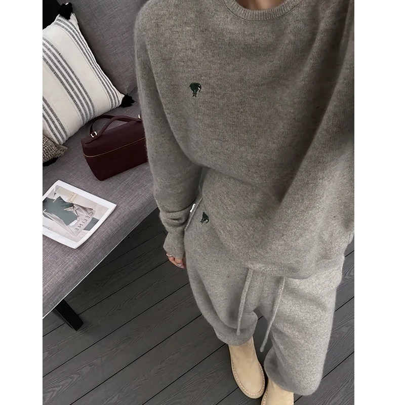 深秋搭配一整套韩系穿搭高级感休闲灰色毛衣针织套装裤女秋冬