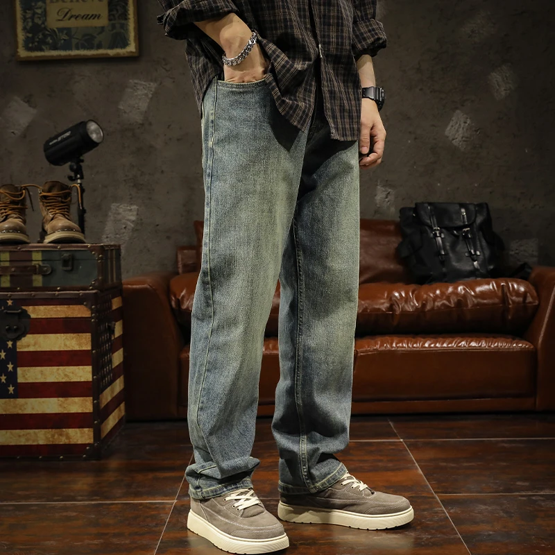 殿若宽松直筒春秋季牛仔裤男士美式潮牌复古新款水洗高端休闲裤子
