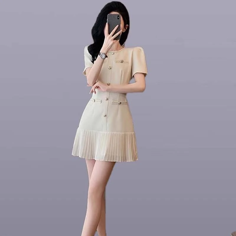 【有里布】法式连衣裙女夏富家千金感轻奢气质收腰设计百褶裙D1581
