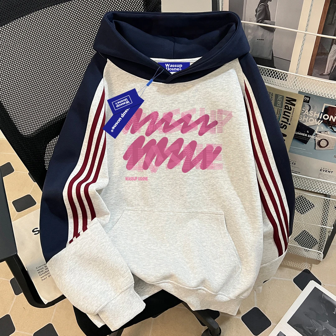 WASSUP UOSNE美式复古重磅连帽卫衣男冬季新款拼接廓形宽松外套潮