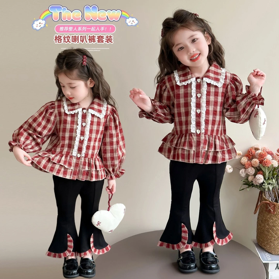 女童格子衬衫套装春秋2025儿童洋气新款秋装宝宝喇叭裤两件套