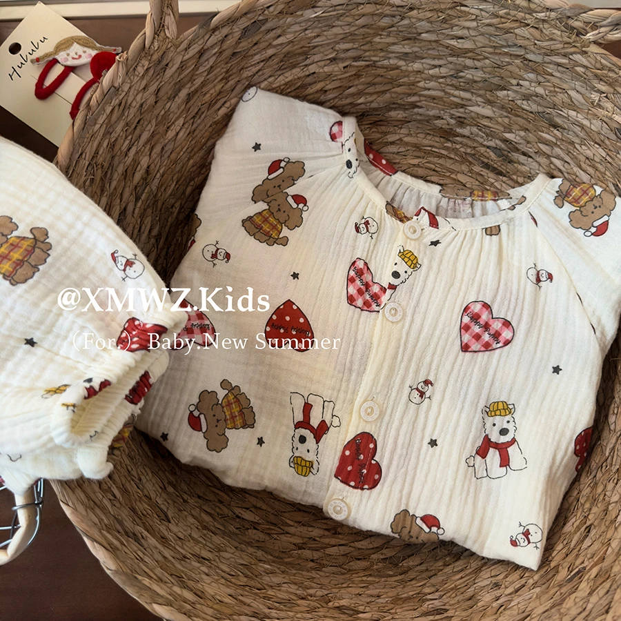 Q男童25春夏新款双层棉纱套装宝宝全棉休闲家居服睡衣长袖两件套