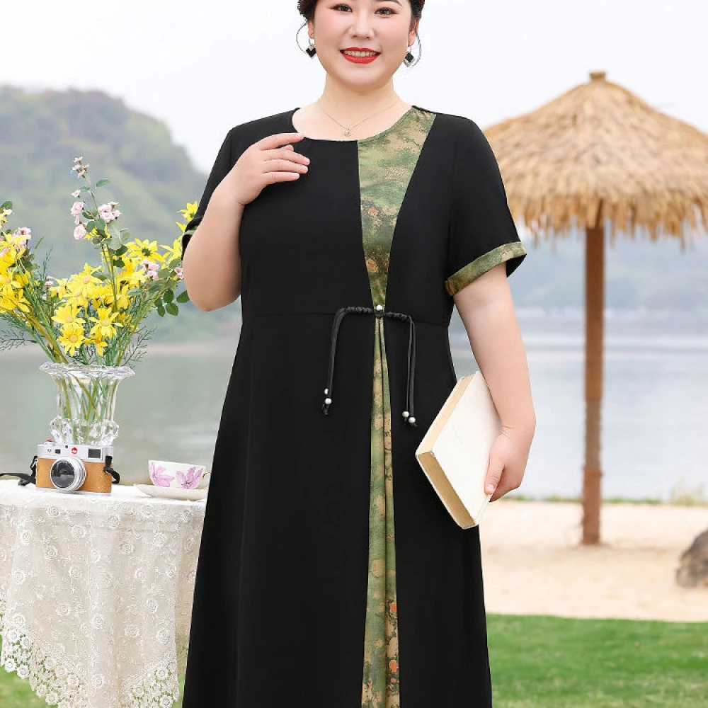 连衣裙新款女装夏季大码妈妈雪纺裙子时尚洋气贵妇人长裙收腰显瘦