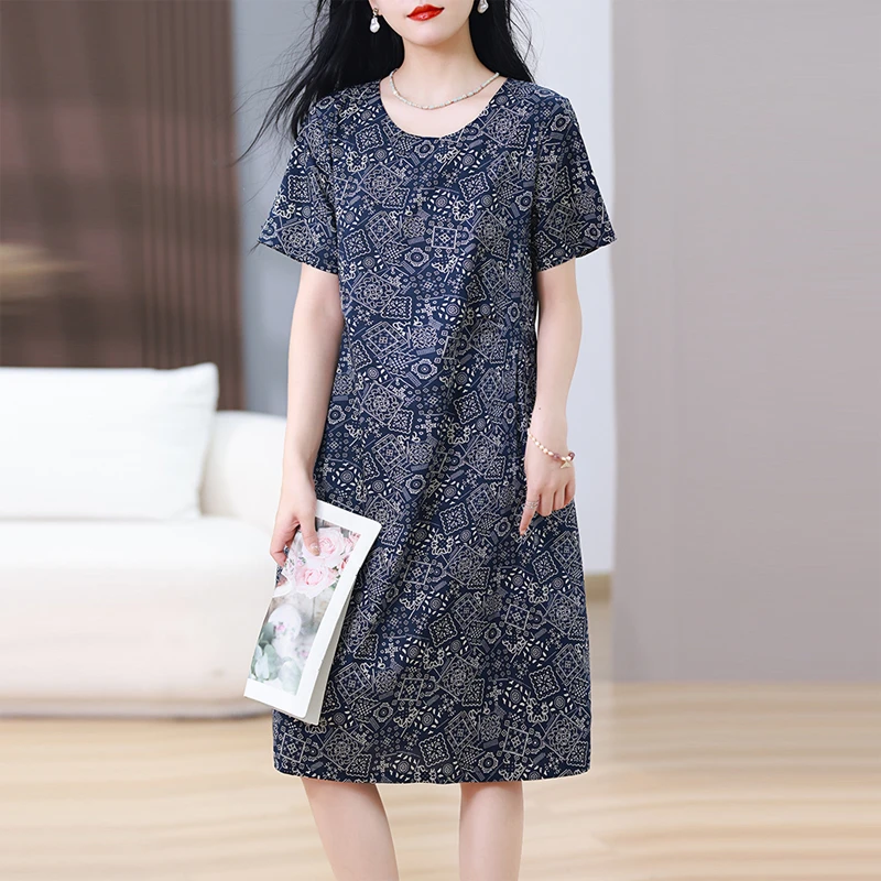薄款纯棉印花连衣裙女2025夏季新款小个子休闲气质减龄显瘦中长裙