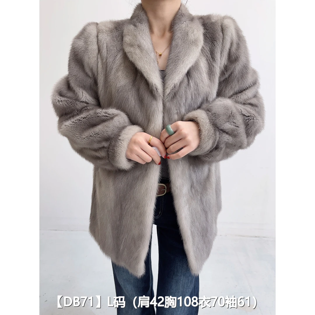 【DB71】L 银灰色短款全抽貂皮水貂外套女 翻立领泡泡袖 50071