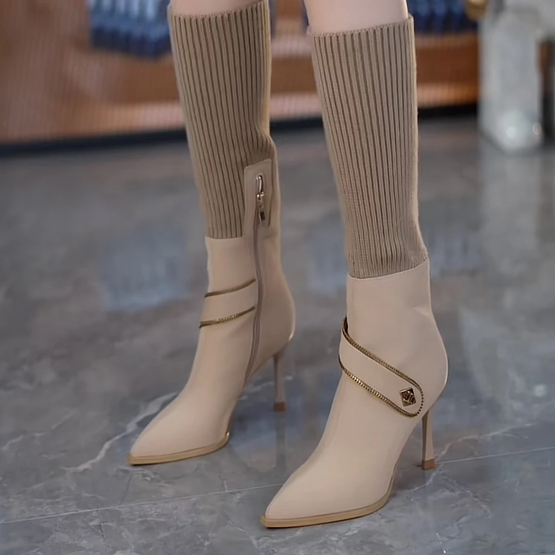 美拉德时尚设计加绒款中筒弹力套筒细跟尖头瘦瘦靴两穿886骑士靴