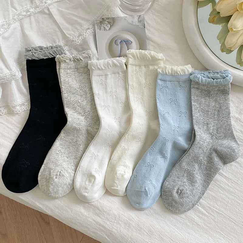 春夏季薄款花边泡泡口袜子女堆堆袜甜美蝴蝶结miu系芭蕾风中筒袜