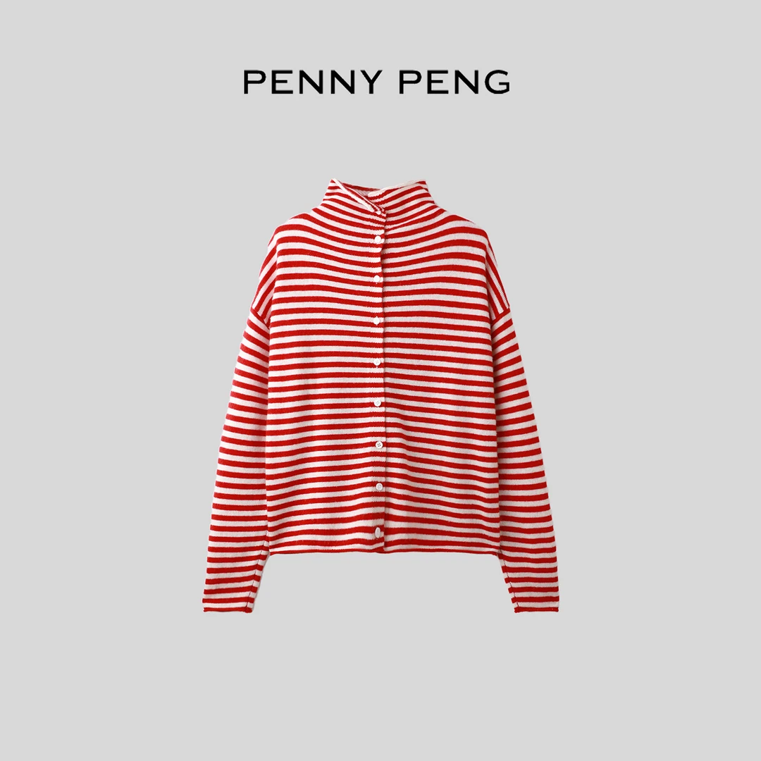 PENNYPENG 橘子千层 秋冬新款复古休闲百搭羊毛条纹针织长袖开衫